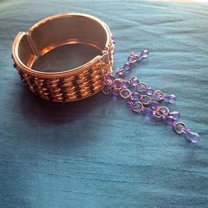 Vintage Metal silver plated Hinged Bangle Beaded Ethnic Folk Art Bracelet